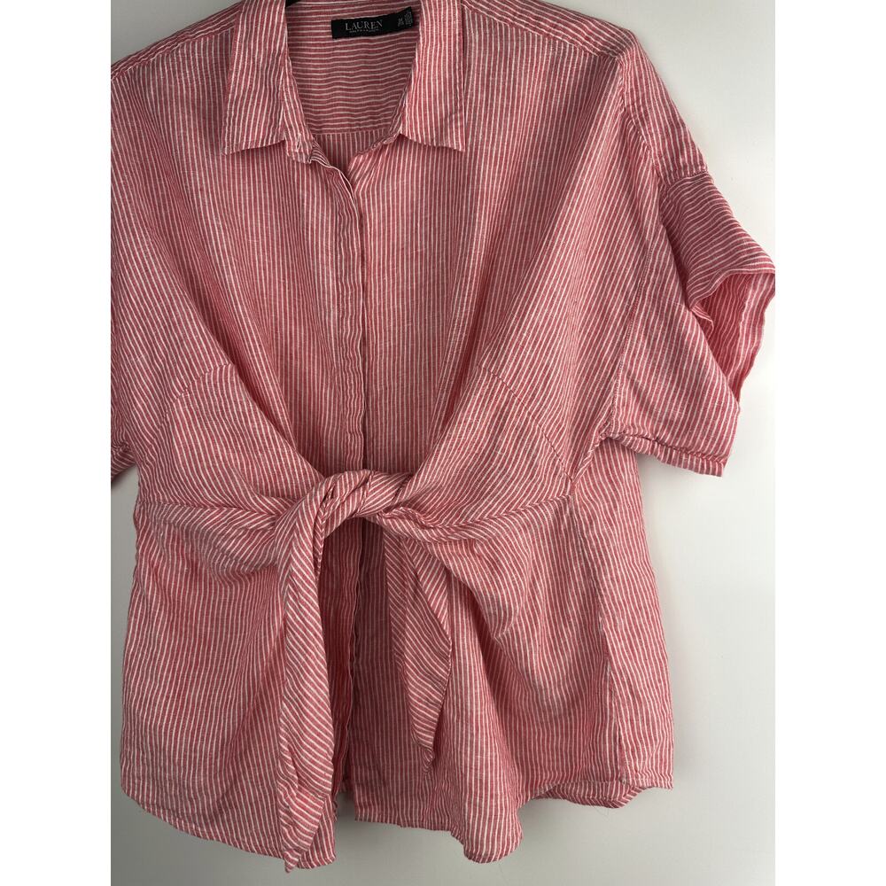 Lauren Ralph Lauren Striped Tie-Front Linen Shirt Red White Women's Plus Size 3X - Picture 5 of 10